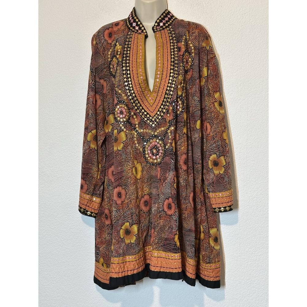 Key Lime & Pink Tunic Top 3/4 Sleeve Embroidery 3X Cotton Orange Pink Boho Artsy